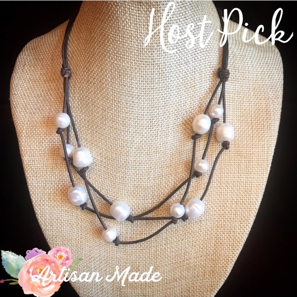 Hand Crafted Jewelry - NEW Leather Pearl Triple Strand Cluster Necklace